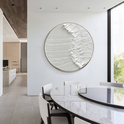 White 3D Texture Round Wall Art: Framed Ocean Waves Canvas #3