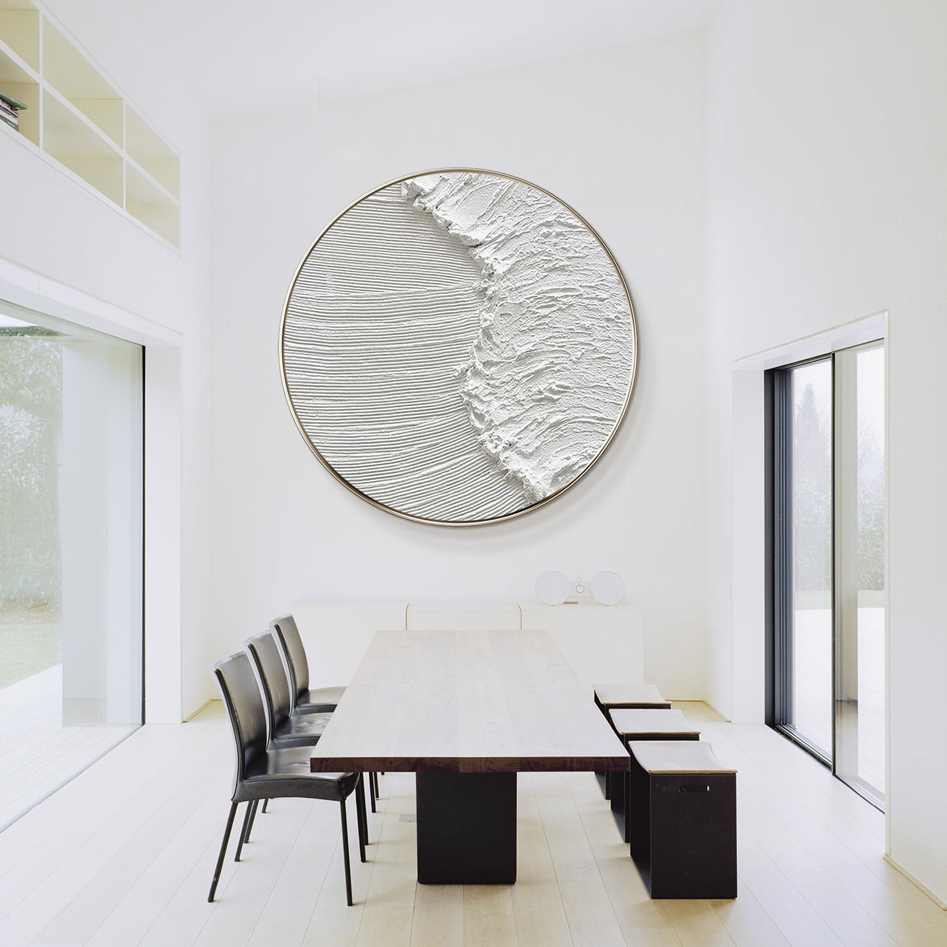 White 3D Texture Round Wall Art: Framed Ocean Waves Canvas #4