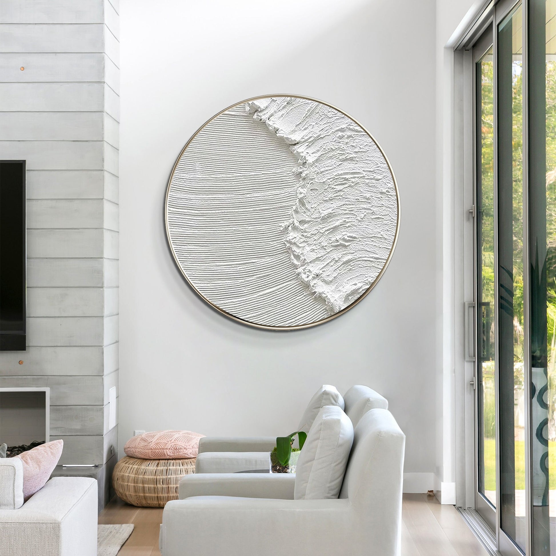 White 3D Texture Round Wall Art: Framed Ocean Waves Canvas #5