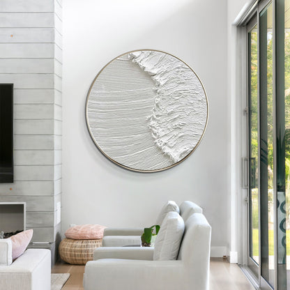 White 3D Texture Round Wall Art: Framed Ocean Waves Canvas #5