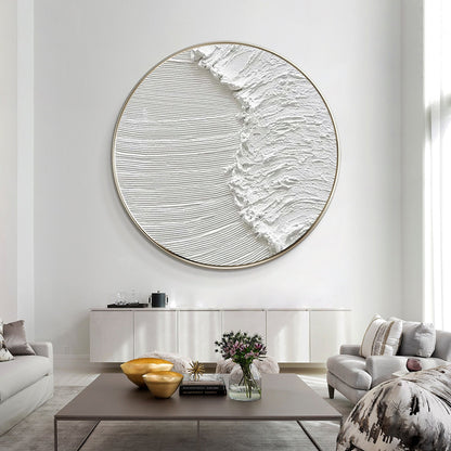 White 3D Texture Round Wall Art: Framed Ocean Waves Canvas #1