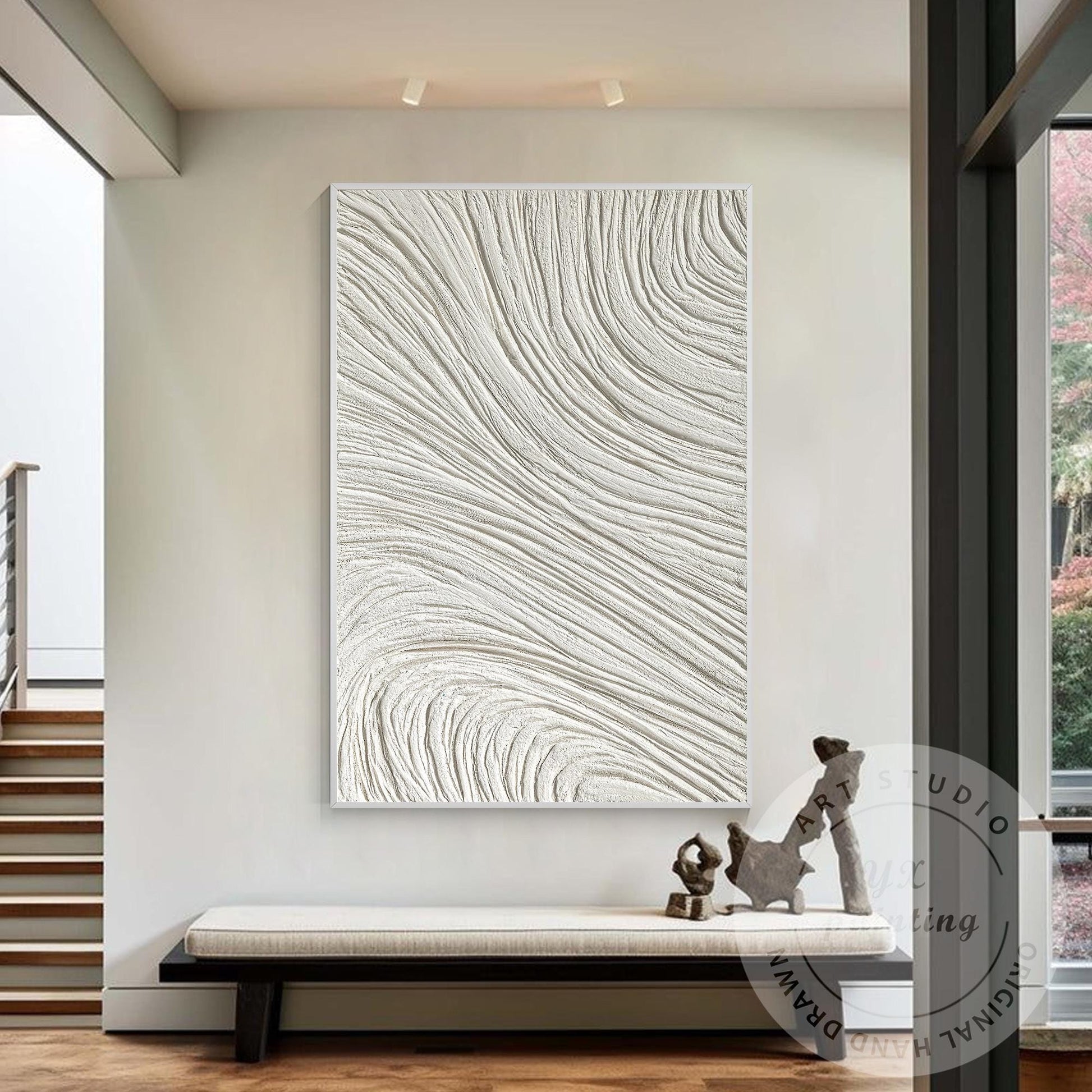 White 3D Textured Plaster Painting, Large Vertical Nordic Minimalist Wall Art, M #2