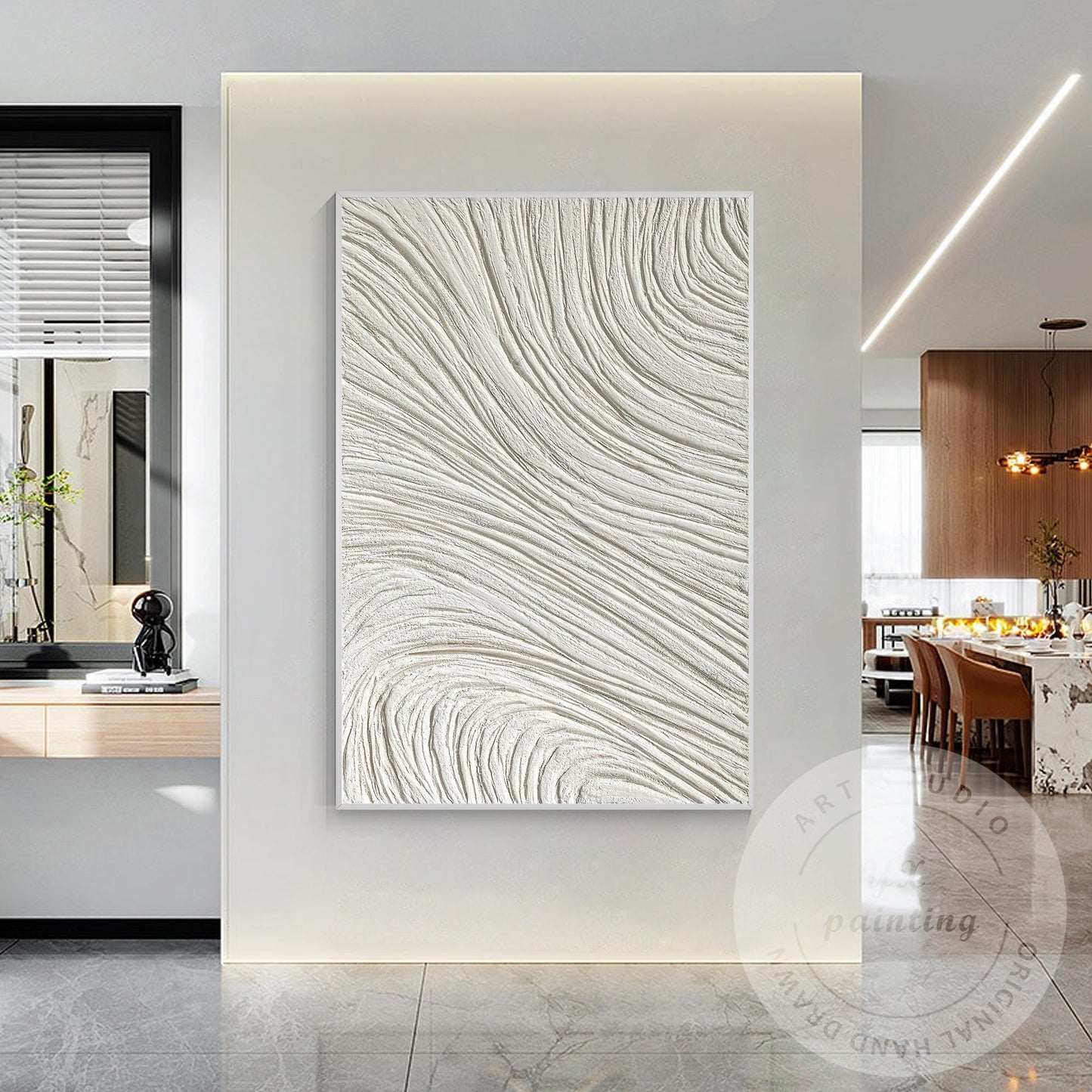 White 3D Textured Plaster Painting, Large Vertical Nordic Minimalist Wall Art, M #3