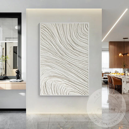 White 3D Textured Plaster Painting, Large Vertical Nordic Minimalist Wall Art, M #3