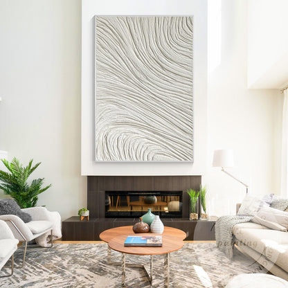 White 3D Textured Plaster Painting, Large Vertical Nordic Minimalist Wall Art, M #5