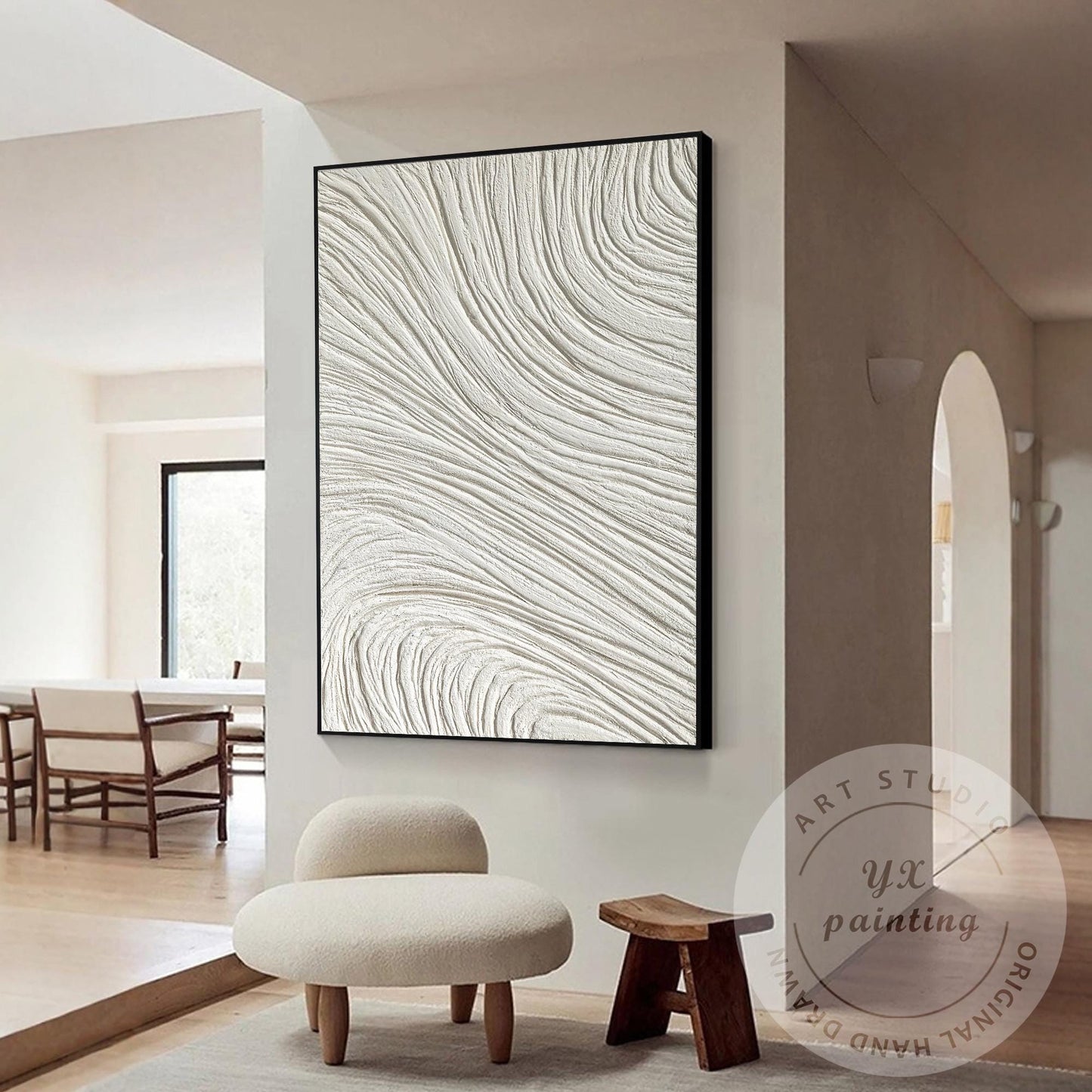 White 3D Textured Plaster Painting, Large Vertical Nordic Minimalist Wall Art, M #6