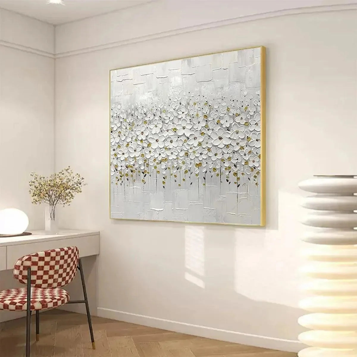 WHITE BLOSSOM FIELD | gold frame stretched on neutral wall