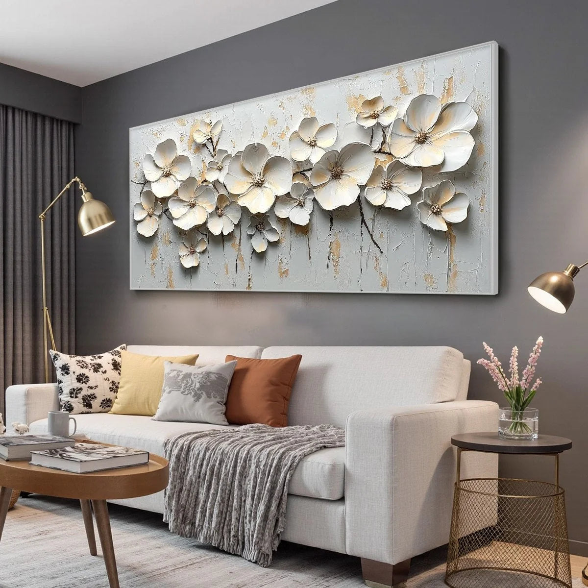 WHITE BLOSSOM SERENADE | gold frame stretched on neutral wall