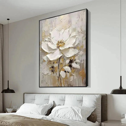 WHITE BLOSSOM | gold frame stretched on neutral wall