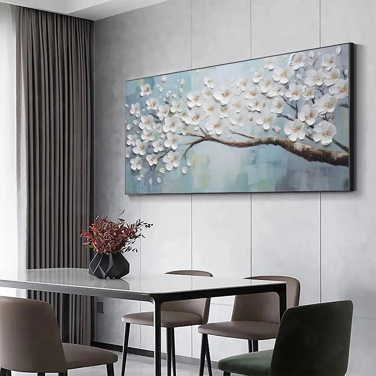 WHITE BLOSSOMS | gold frame stretched on neutral wall