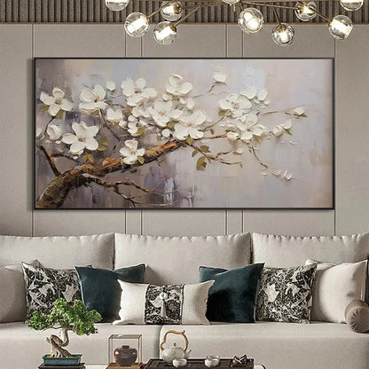 WHITE BLOSSOMS | rectangular format, hand-painted canvas edge