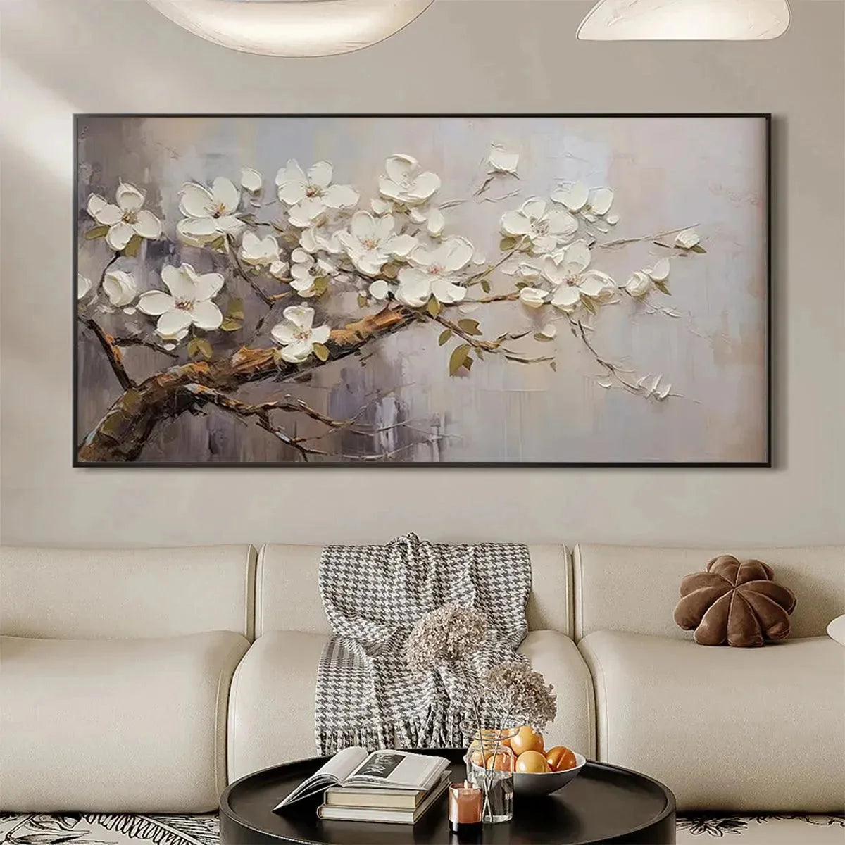 WHITE BLOSSOMS | gold frame stretched on neutral wall