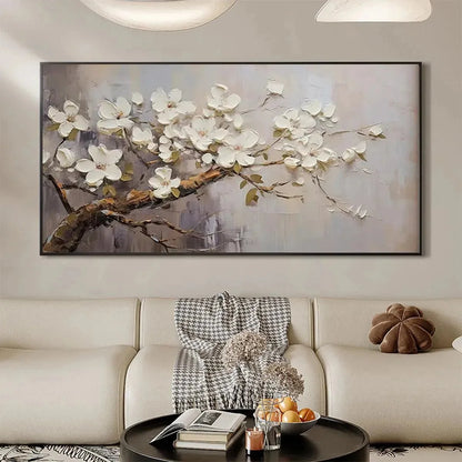 WHITE BLOSSOMS | gold frame stretched on neutral wall
