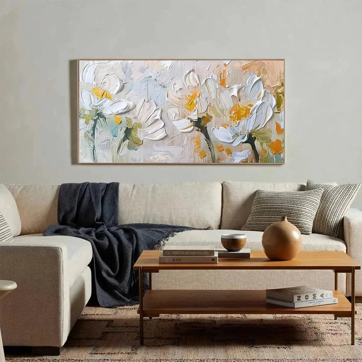WHITE BLOSSOMS | gold frame stretched on neutral wall