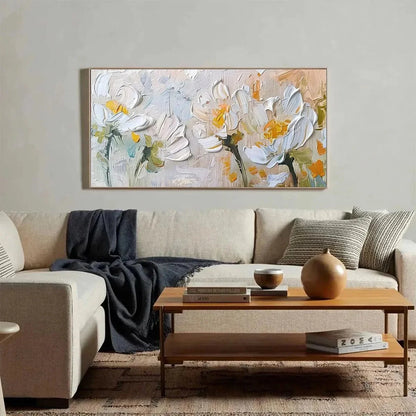 WHITE BLOSSOMS | gold frame stretched on neutral wall