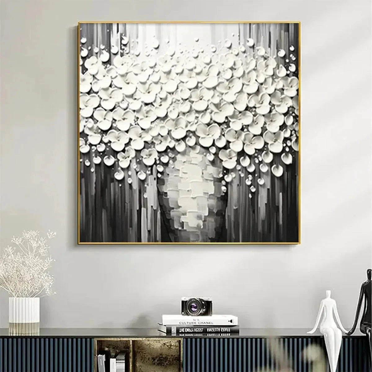 WHITE BOUQUET | gold frame stretched on neutral wall