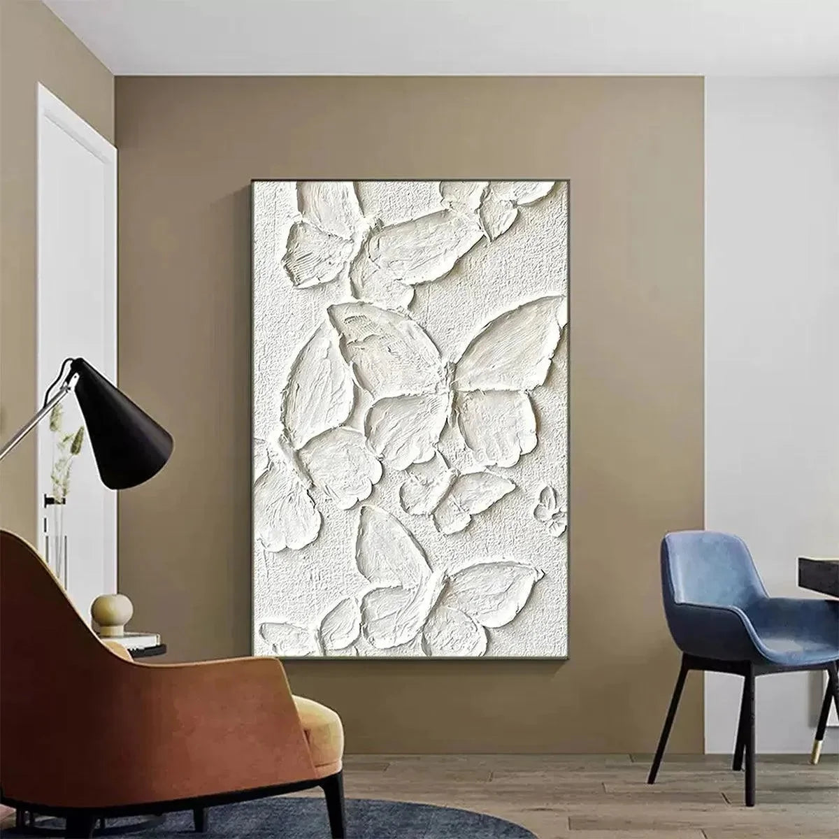 WHITE BUTTERFLIES: 3D Butterfly Impasto Painting, Vertical Wall Art | impasto closeup, raised brushwork detail