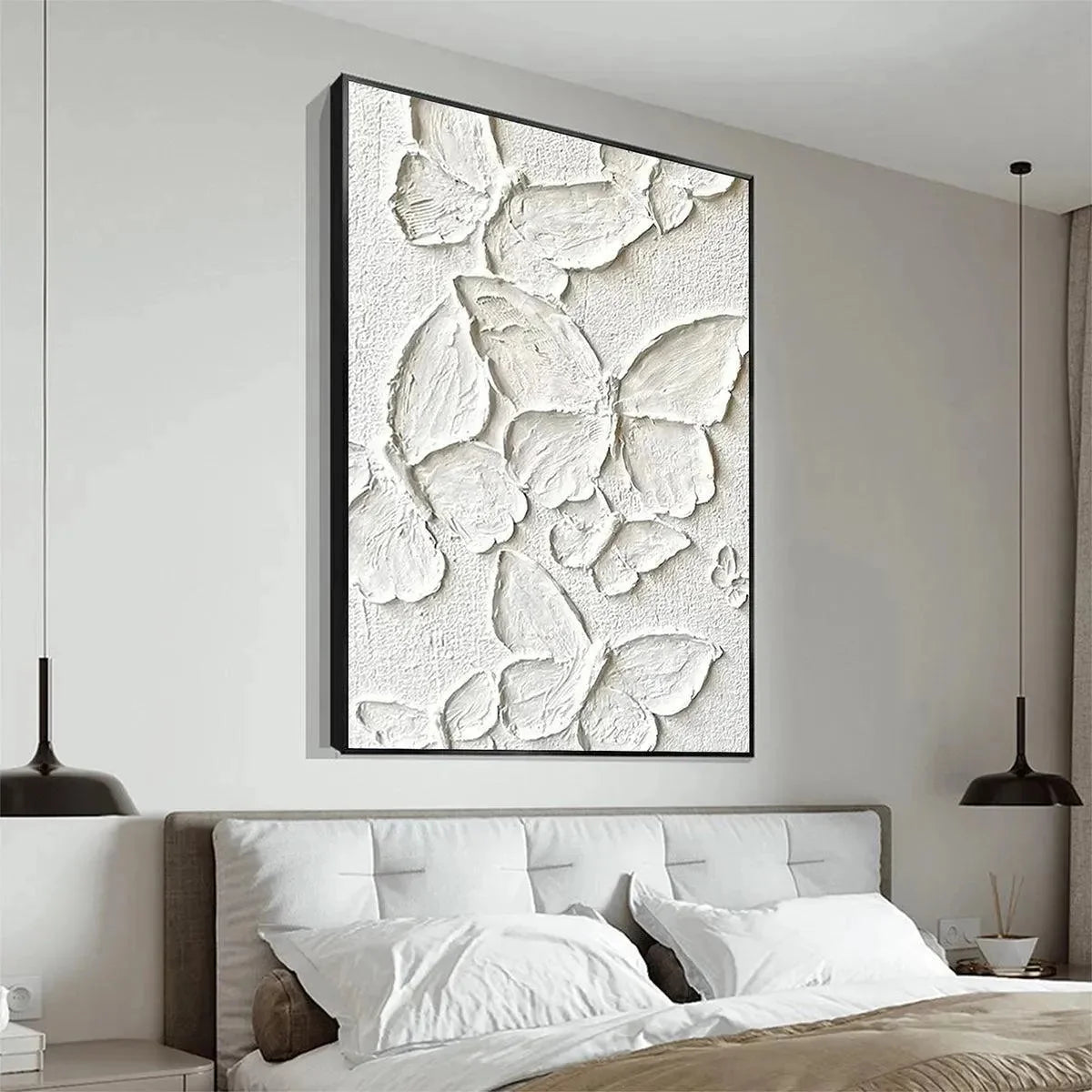 WHITE BUTTERFLIES: 3D Butterfly Impasto Painting, Vertical Wall Art | gold frame stretched on neutral wall