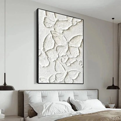 WHITE BUTTERFLIES: 3D Butterfly Impasto Painting, Vertical Wall Art | gold frame stretched on neutral wall