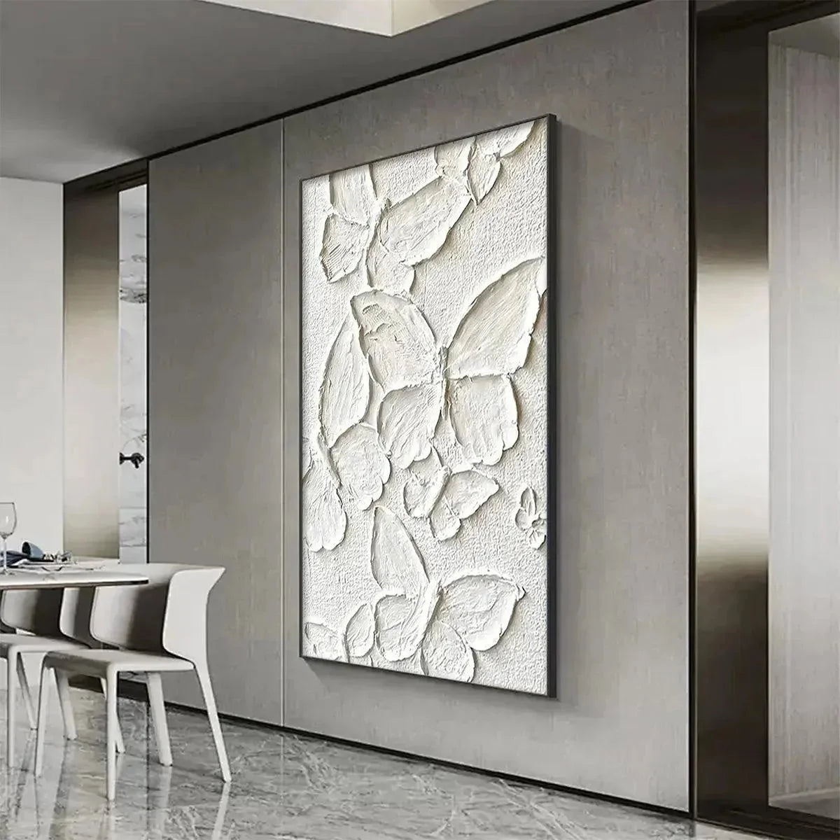 WHITE BUTTERFLIES: 3D Butterfly Impasto Painting, Vertical Wall Art | rolled canvas, ready for custom framing