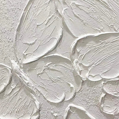 WHITE BUTTERFLIES: 3D Butterfly Impasto Painting, Vertical Wall Art | black frame version on white wall