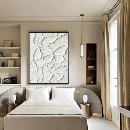 WHITE BUTTERFLIES: 3D Butterfly Impasto Painting, Vertical Wall Art | impasto mood, soft natural light studio shot