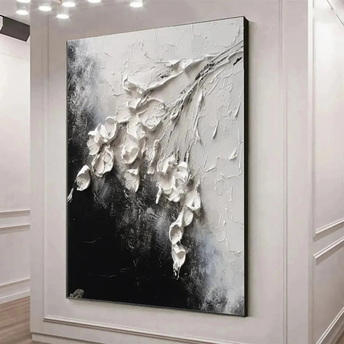 WHITE FLORAL IMPASTO | gold frame stretched on neutral wall
