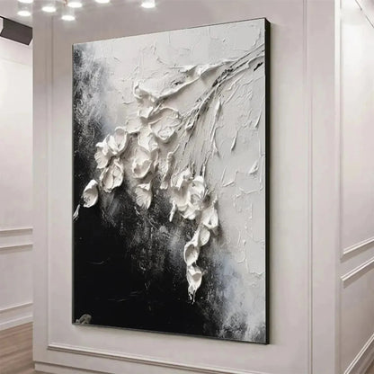 WHITE FLORAL IMPASTO | gold frame stretched on neutral wall