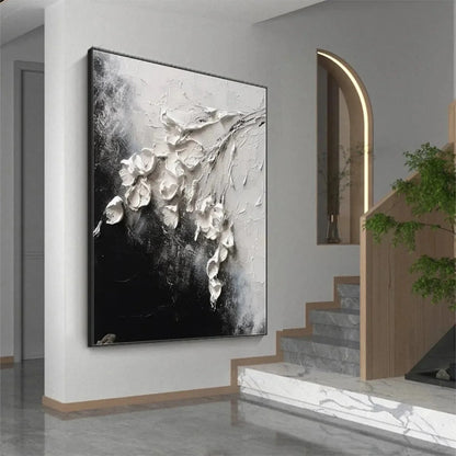 WHITE FLORAL IMPASTO | black frame version on white wall