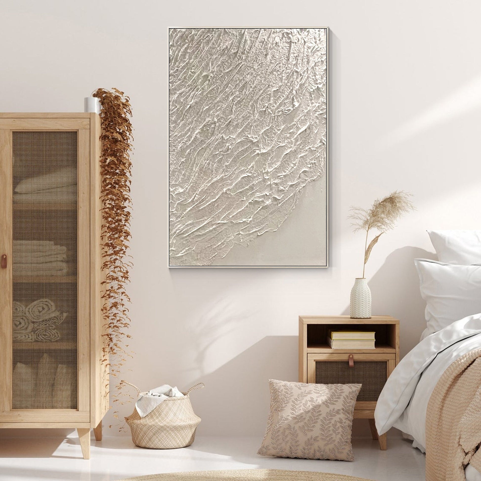 White Heavy Texture Painting: Minimalist Framed Canvas Wall Art #2
