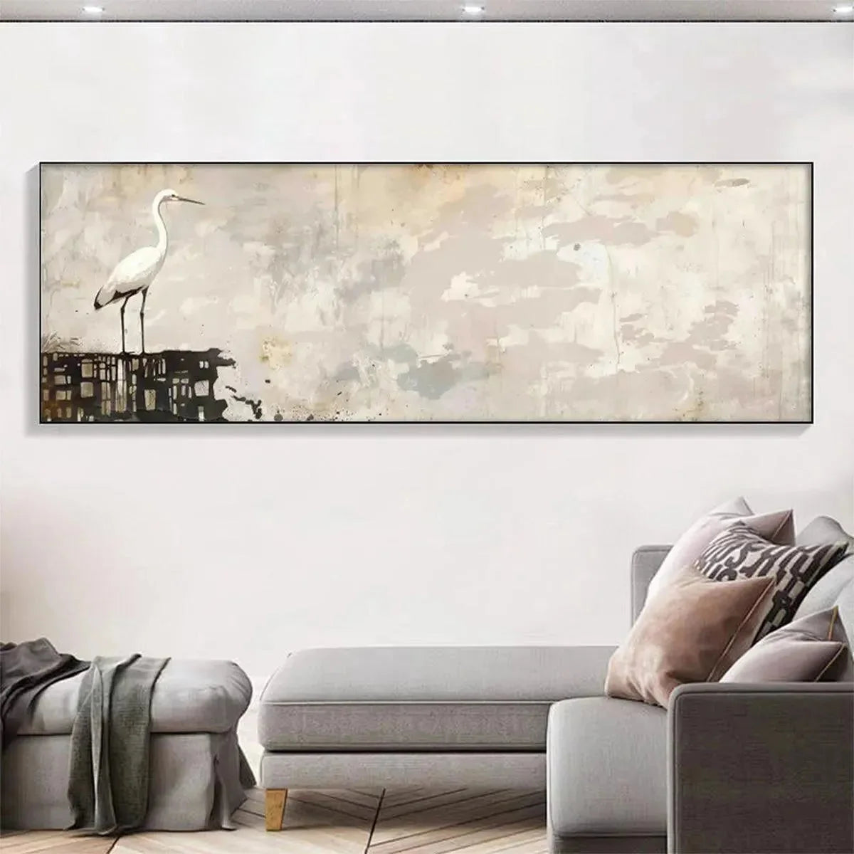 WHITE HERON PANORAMIC | Abstract closeup, raised brushwork detail