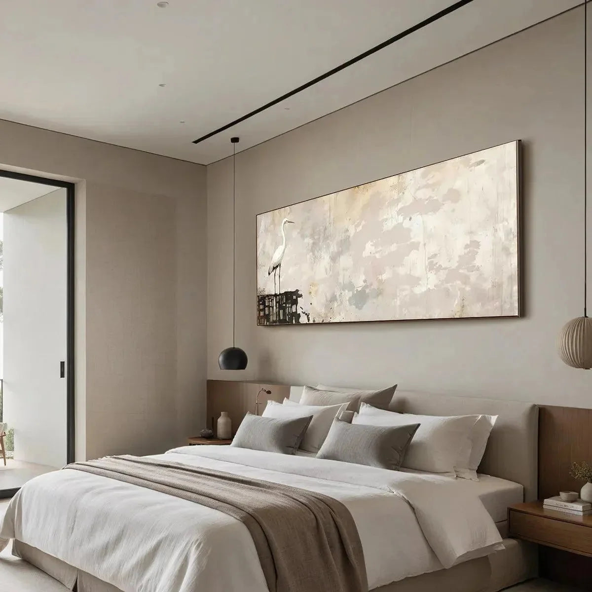 WHITE HERON PANORAMIC | gold frame stretched on neutral wall