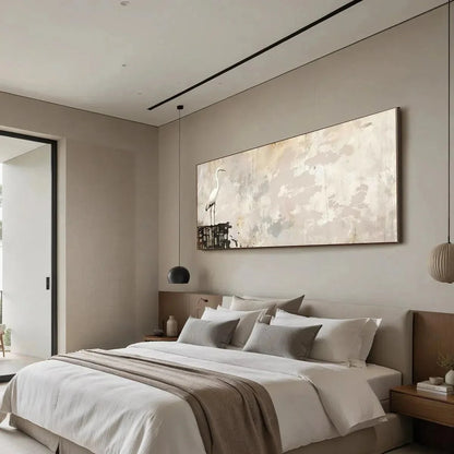 WHITE HERON PANORAMIC | gold frame stretched on neutral wall