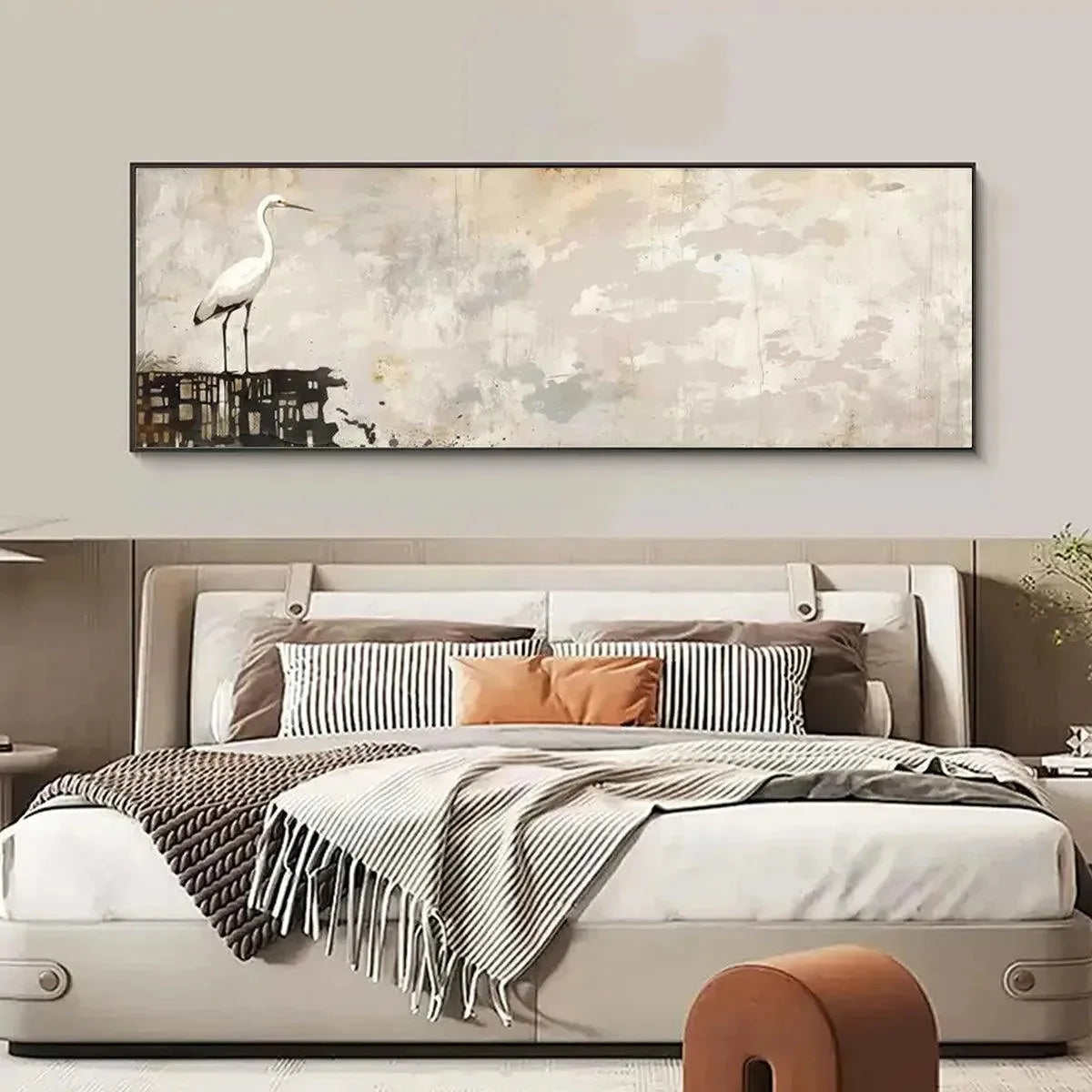WHITE HERON PANORAMIC | black frame version on white wall