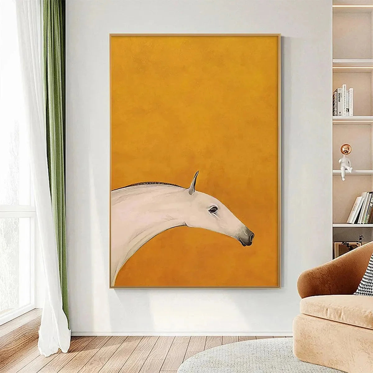 WHITE HORSE ON YELLOW | Minimalist closeup, raised brushwork detail