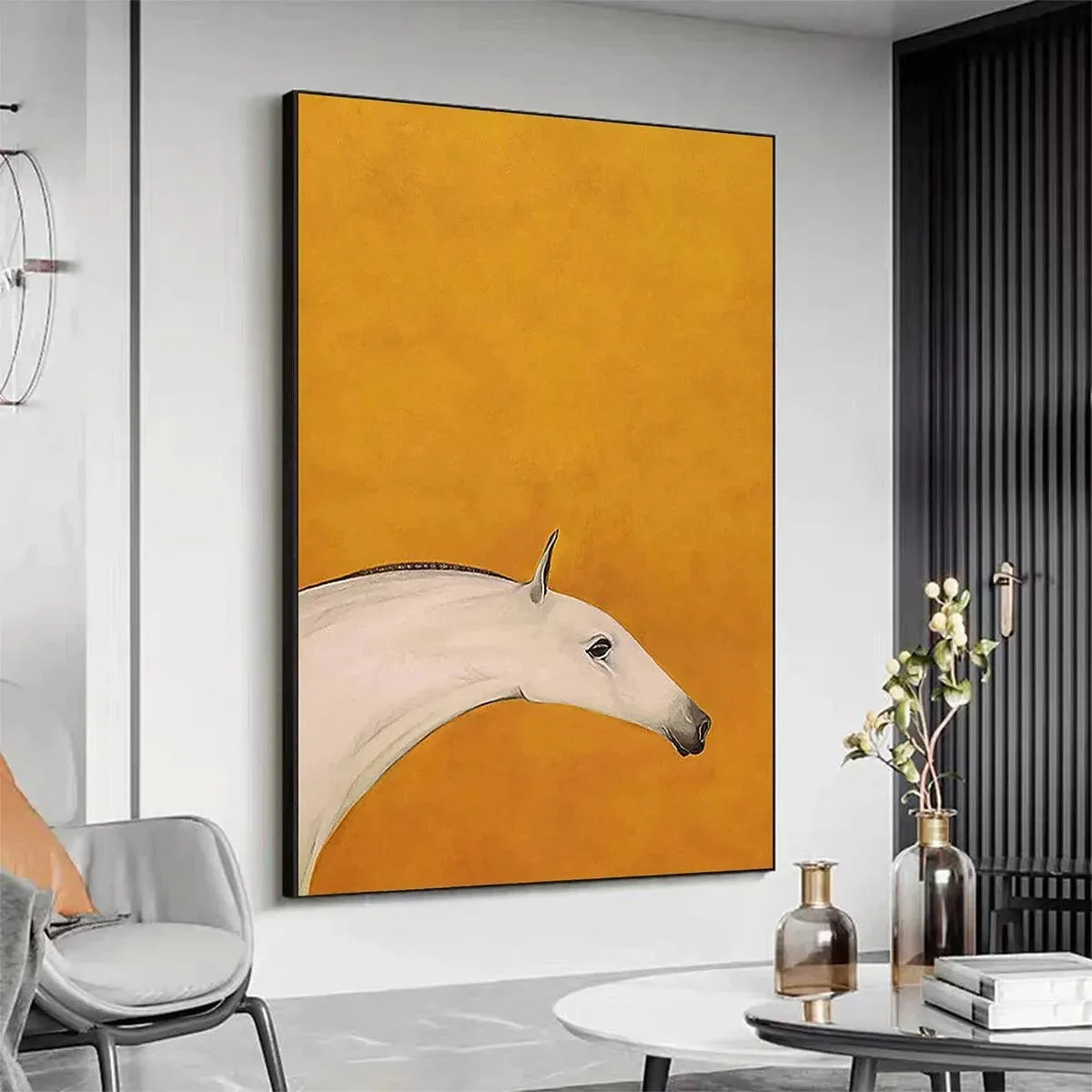 WHITE HORSE ON YELLOW | gold frame stretched on neutral wall