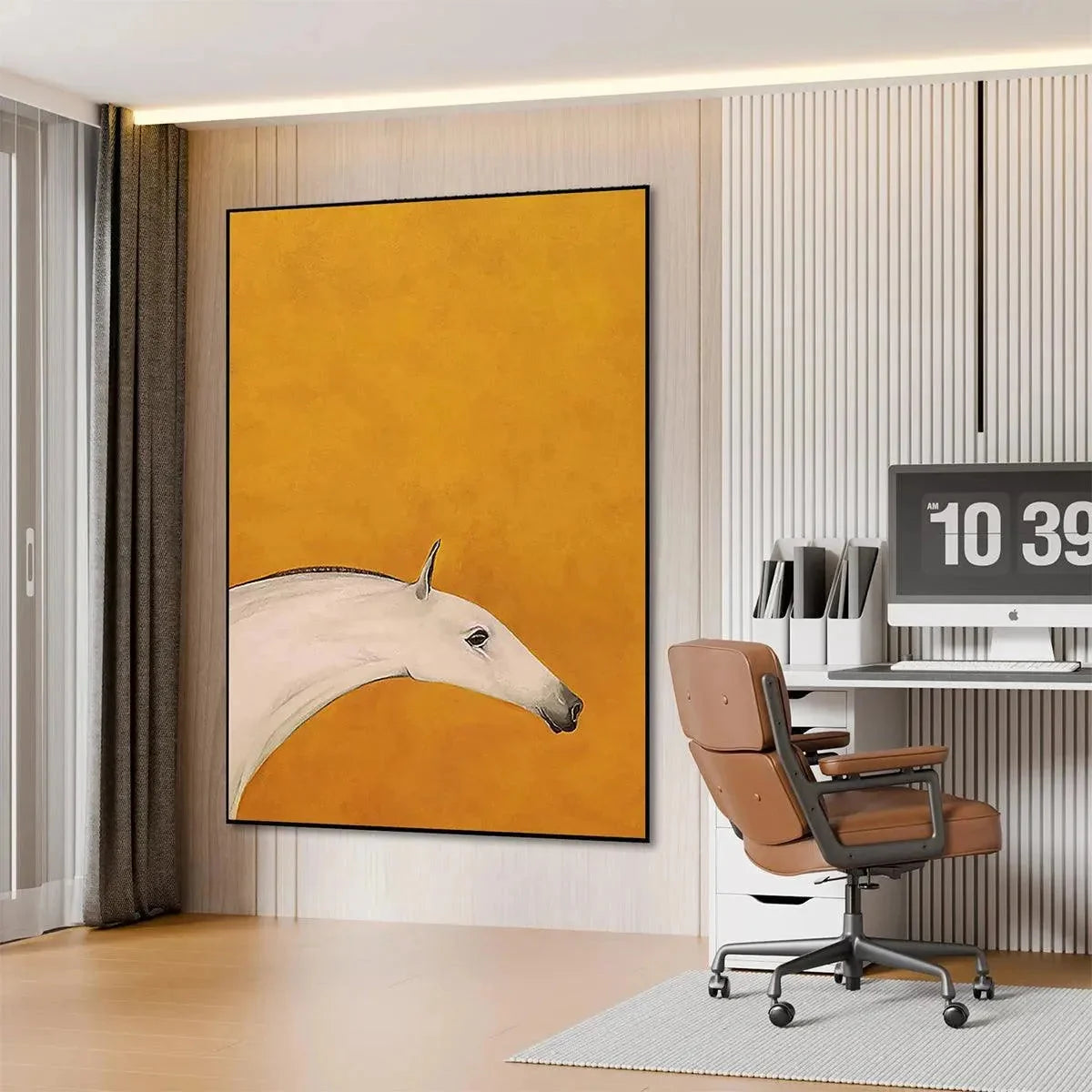 WHITE HORSE ON YELLOW | black frame version on white wall