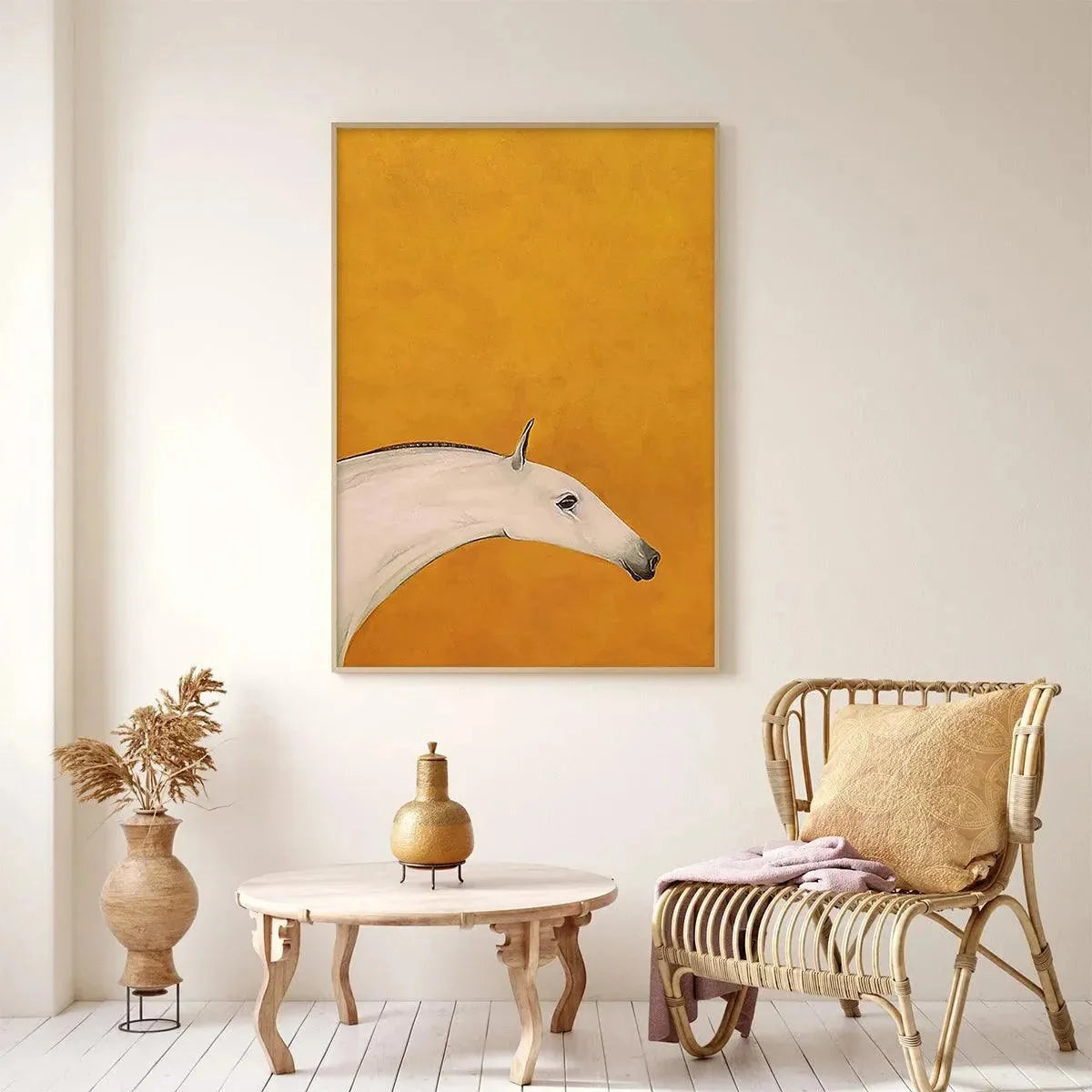 WHITE HORSE ON YELLOW | Minimalist mood, soft natural light studio shot