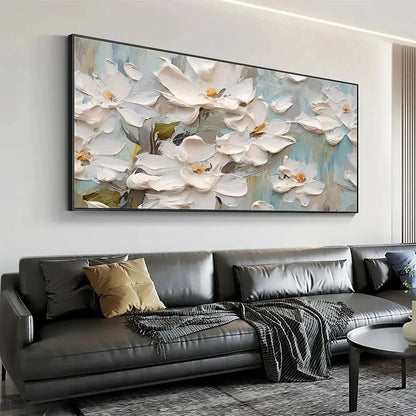WHITE MAGNOLIA BLOSSOMS | gold frame stretched on neutral wall