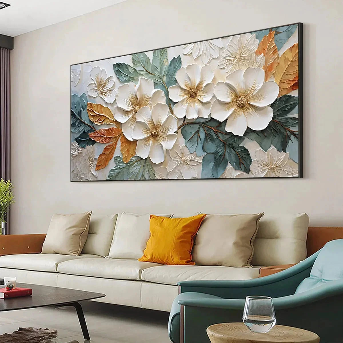 WHITE MAGNOLIAS | gold frame stretched on neutral wall