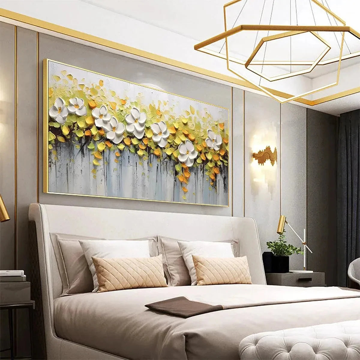 WHITE MAGNOLIAS | gold frame stretched on neutral wall
