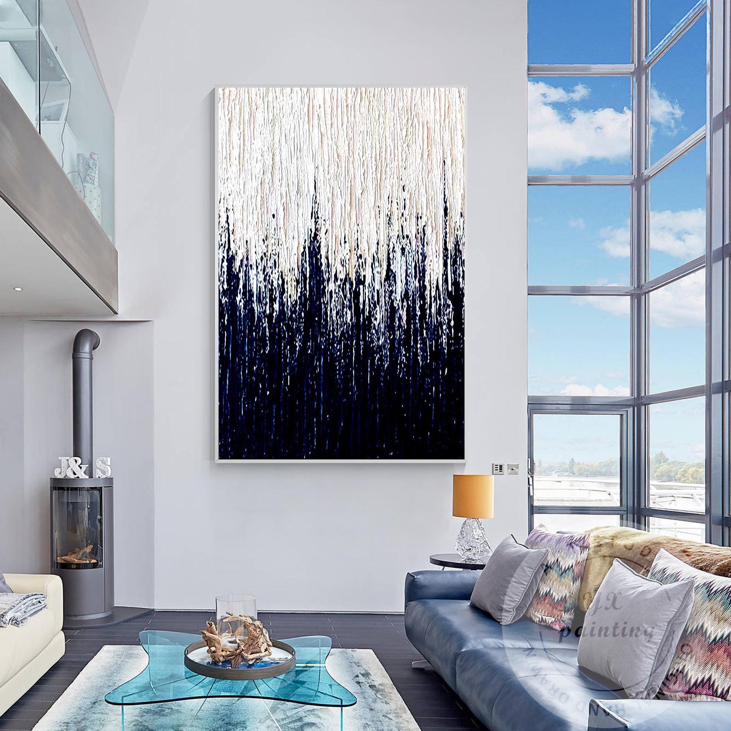 White & Navy Blue Large Abstract Wall Art, Minimalist 3D Textured Canvas Paintin #2