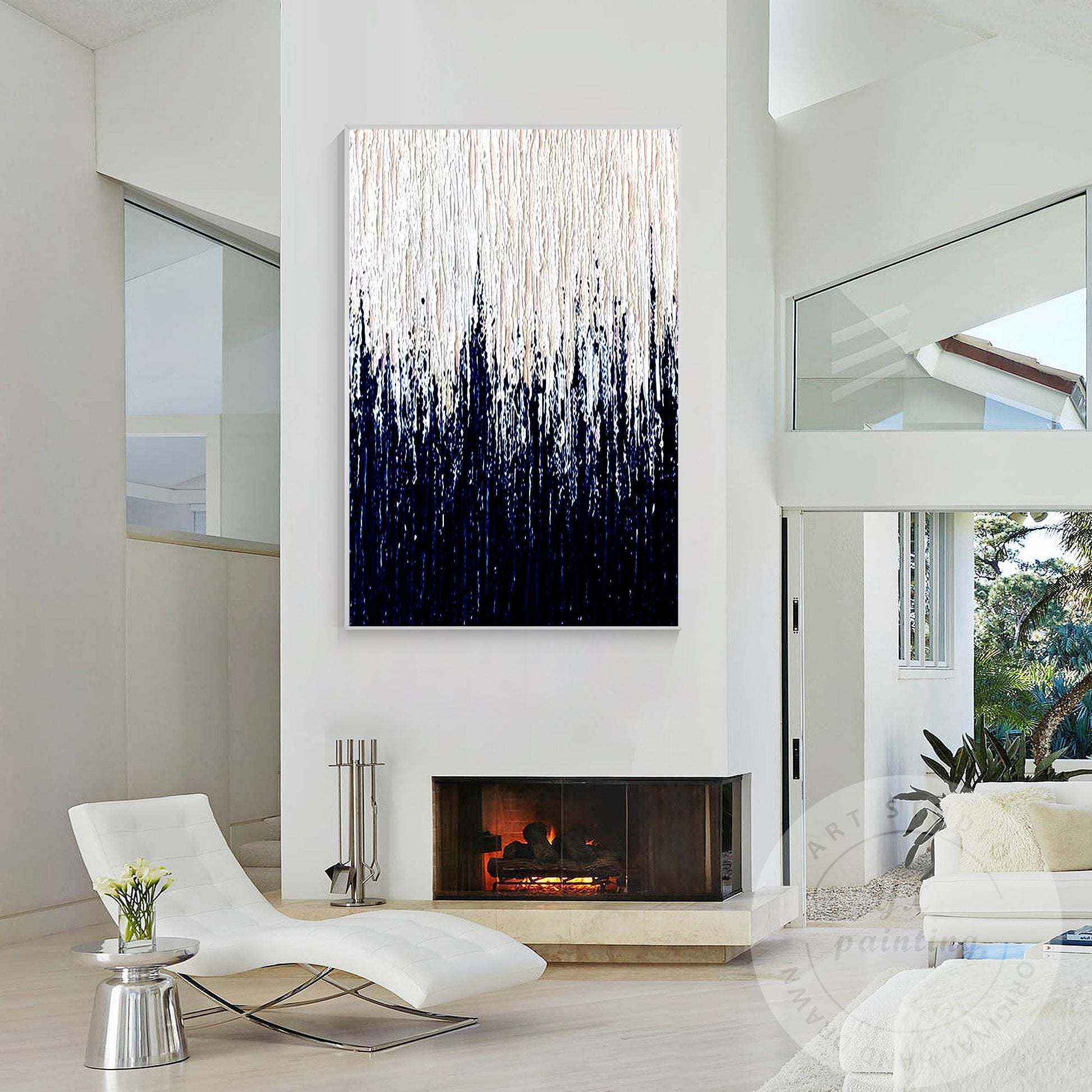 White & Navy Blue Large Abstract Wall Art, Minimalist 3D Textured Canvas Paintin #3