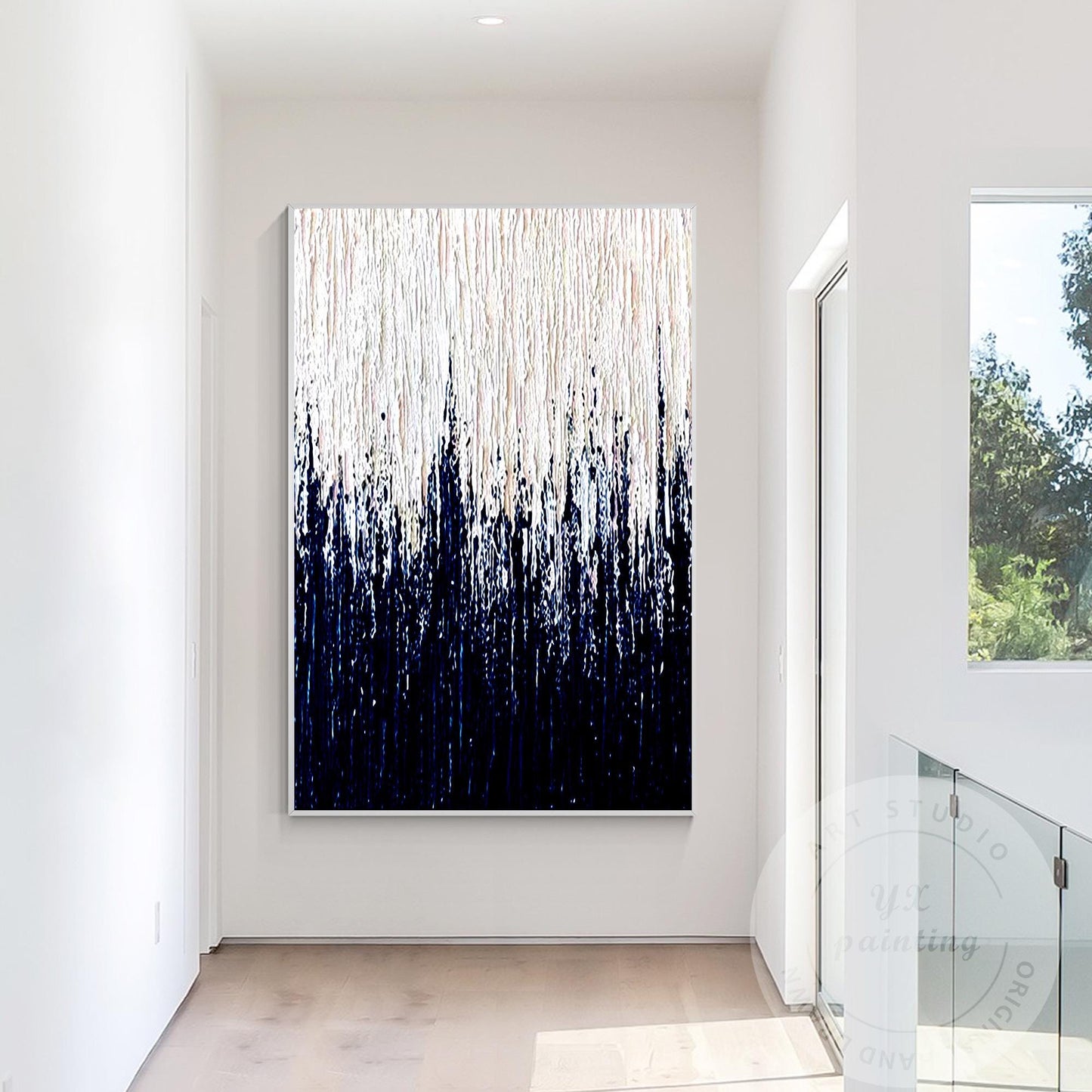 White & Navy Blue Large Abstract Wall Art, Minimalist 3D Textured Canvas Paintin #4
