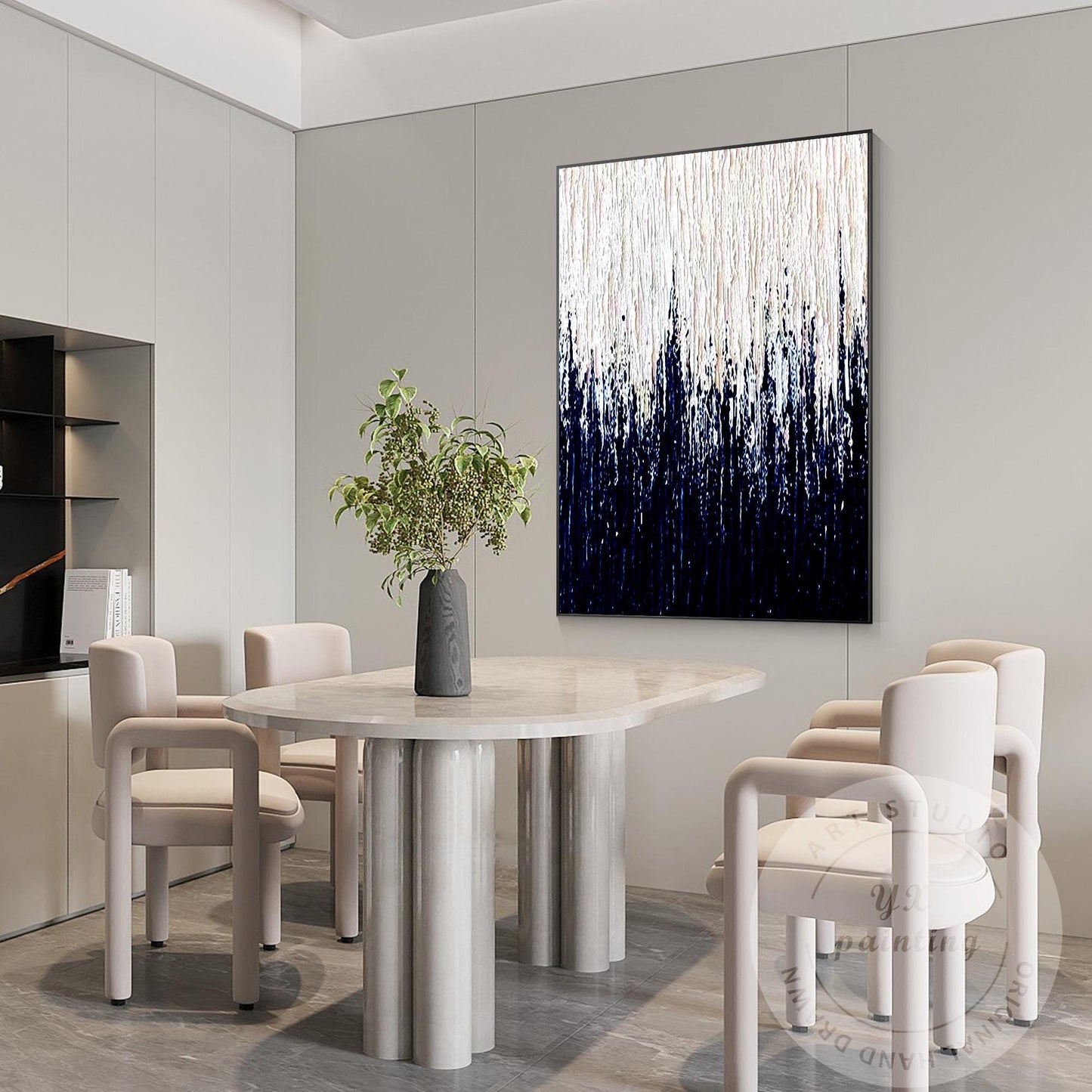 White & Navy Blue Large Abstract Wall Art, Minimalist 3D Textured Canvas Paintin #5