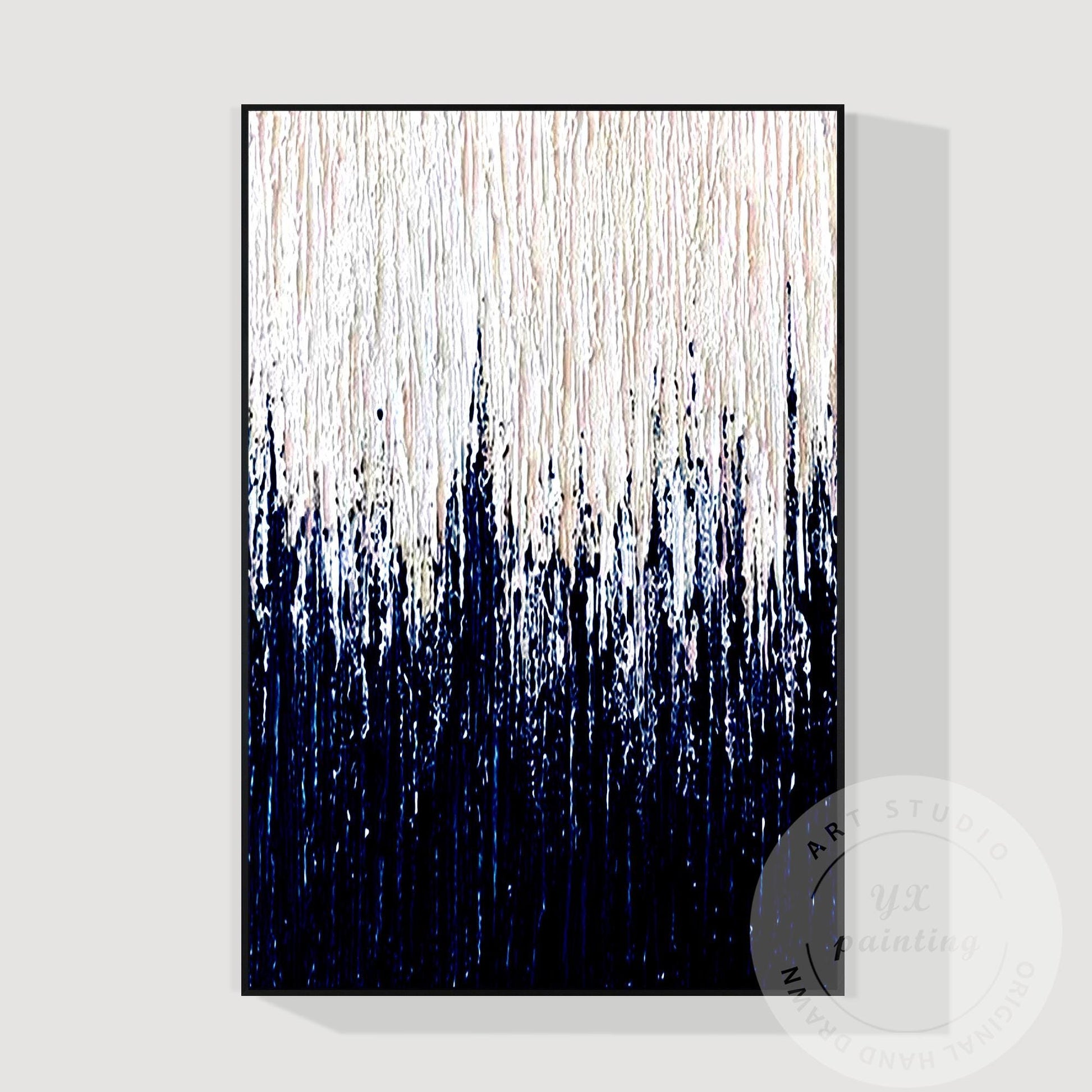 White & Navy Blue Large Abstract Wall Art, Minimalist 3D Textured Canvas Paintin #7