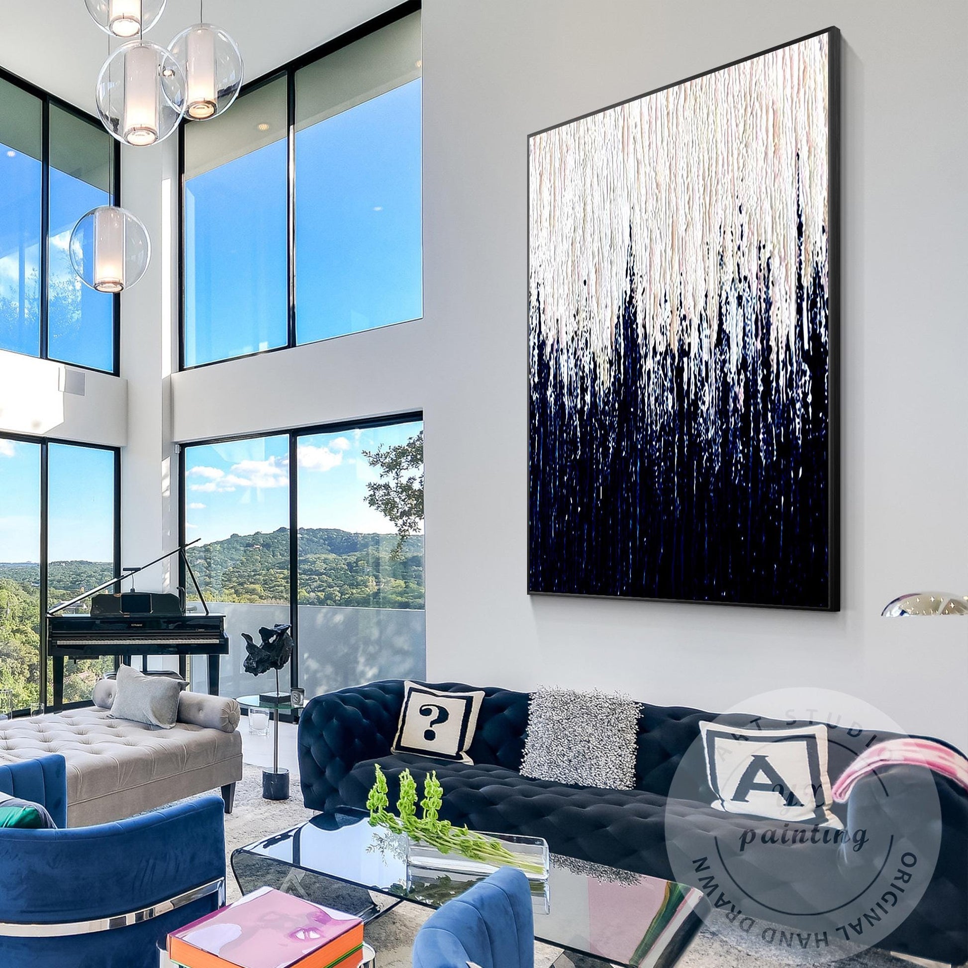 White & Navy Blue Large Abstract Wall Art, Minimalist 3D Textured Canvas Paintin #1