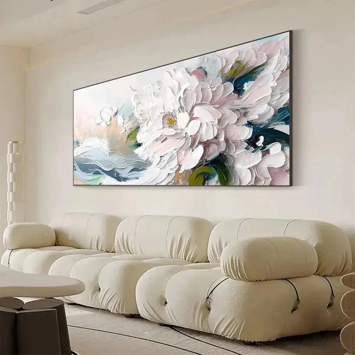 WHITE PEONY DREAM | gold frame stretched on neutral wall
