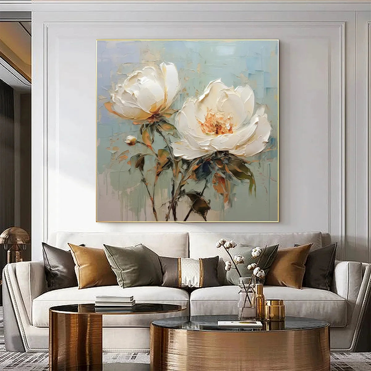 WHITE PEONY DUET | Abstract closeup, raised brushwork detail