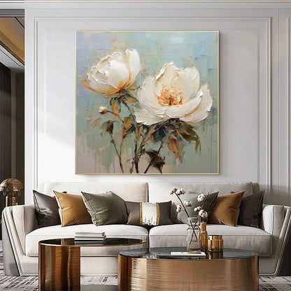WHITE PEONY DUET | Abstract closeup, raised brushwork detail